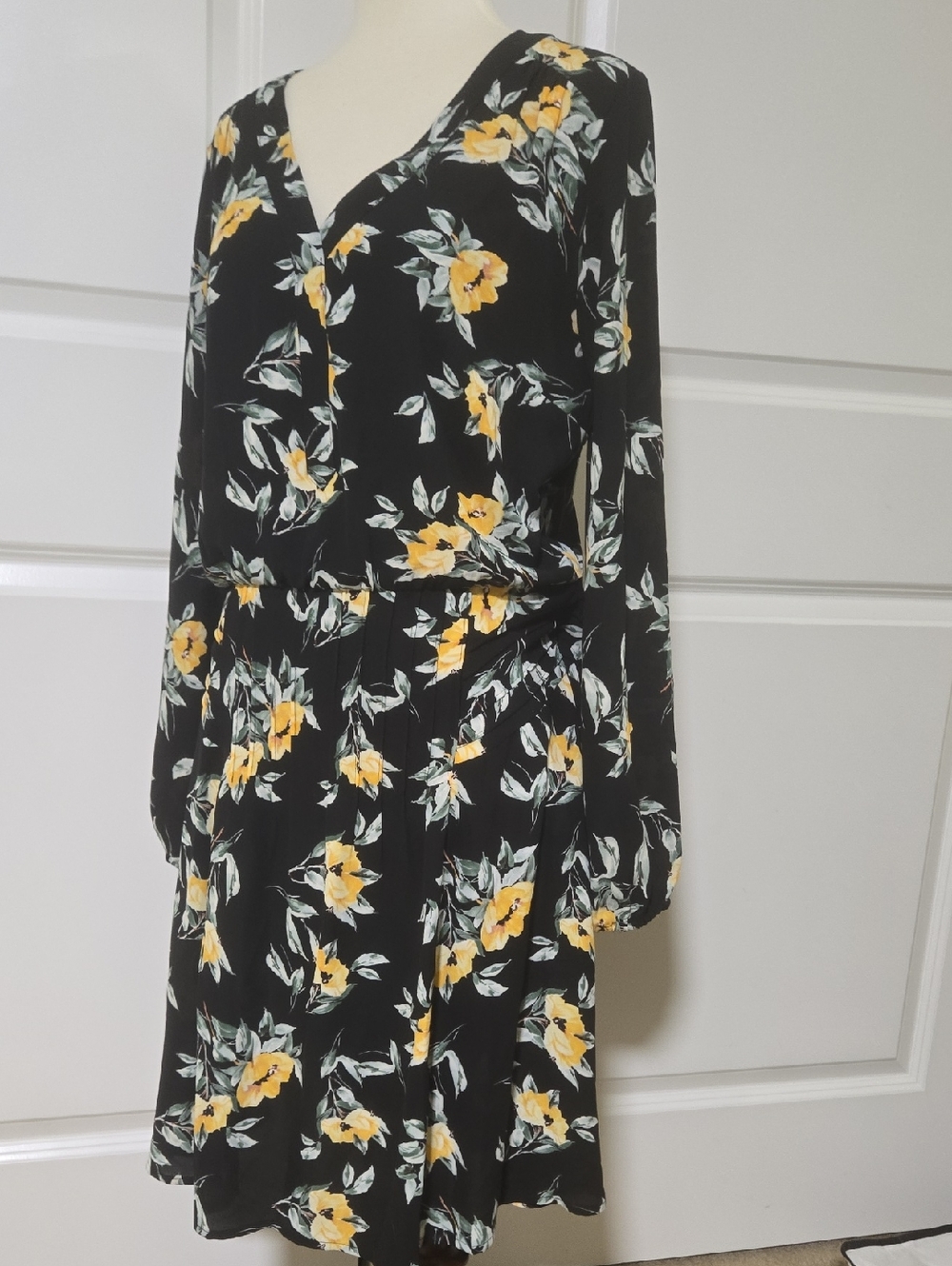White House Black Market Black Long-Sleeve Floral V-Neck Dress with Yellow Print